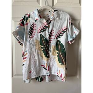 Cynthia Rowley 100% Linen Tropical Print Button-Up Sz L Breezy Summer Beach Top